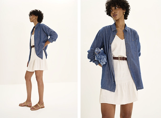 Look despojado com vestido soltinho e camisa jeans Look despojado com vestido soltinho e camisa jeans
