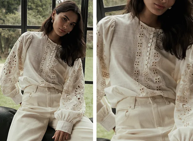 Look romântico com bata de mangas bufantes Look romântico com bata de mangas bufantes