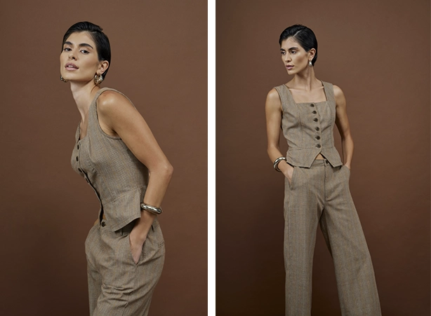 Look com calça alfaiataria e blusa tipo corset com decote quadrado