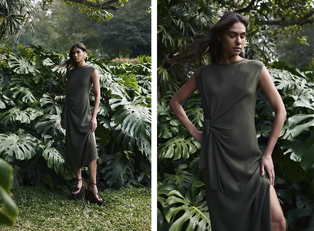 Look feminino com vestido em tom de verde