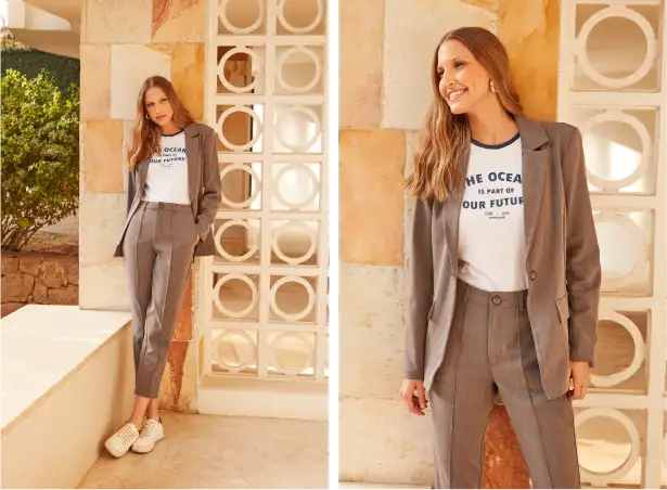 Duo de blazer e calça alfaiataria com tênis e camiseta estampada