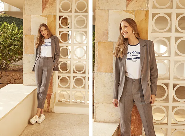 Look em alfaitaria de blazer e calça em tecido macio Look em alfaitaria de blazer e calça em tecido macio