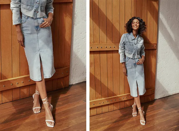 Looks all denim com saia midi