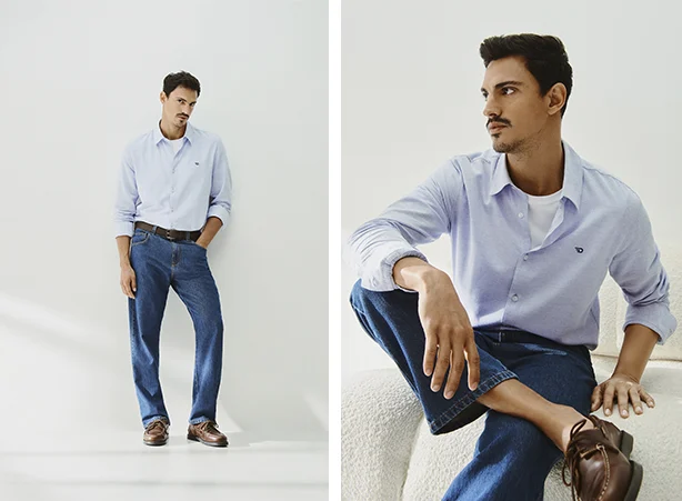Look monocromático com camisa azul clara e calça reta em jeans