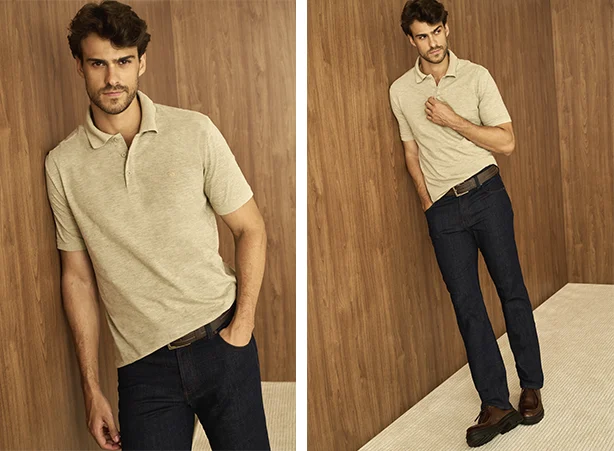 Composição masculina com polo e jeans 