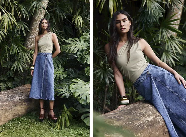 Look de saia midi transpassada com cós assimétrico
