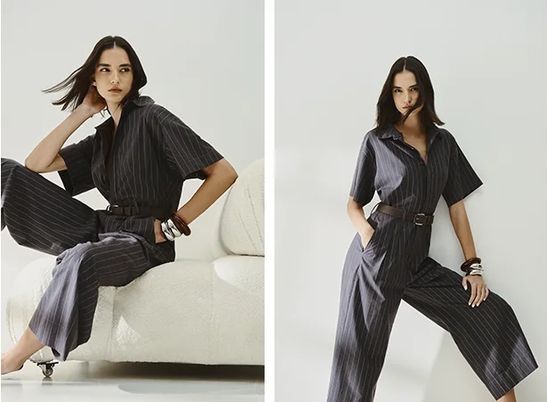 Moda atemporal: macacão com risca de giz Moda atemporal: macacão com risca de giz