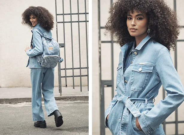 Look all jeans com parka e pantalona Look all jeans com parka e pantalona