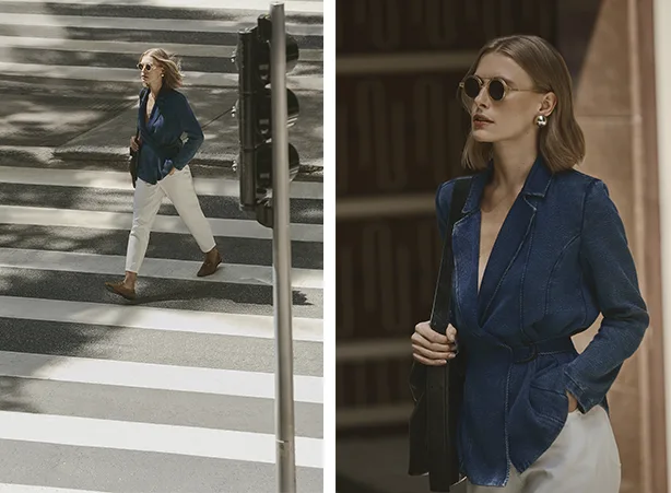 Look com calça branca e blazer em denim