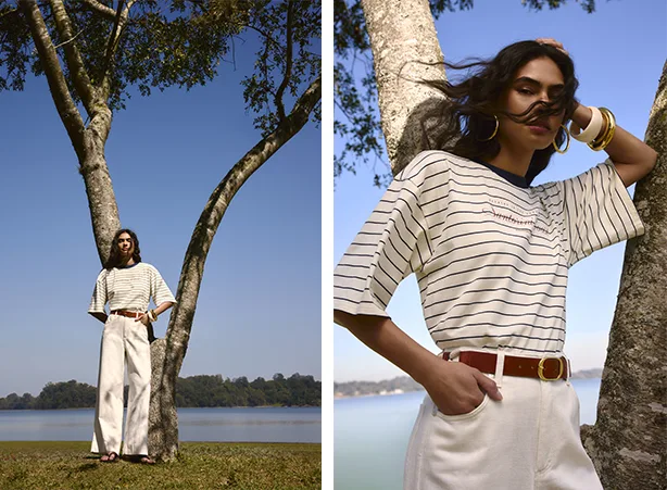 Look casual chic com t-shirt listrada e pantalona branca Look casual chic com t-shirt listrada e pantalona branca