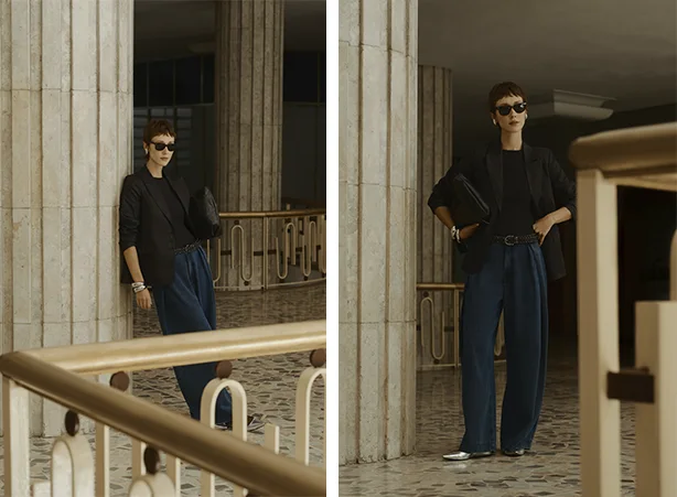 Moda atemporal com calça pantalona jeans e blazer Moda atemporal com calça pantalona jeans e blazer