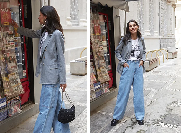 Street style com calça wide leg e blazer Street style com calça wide leg e blazer