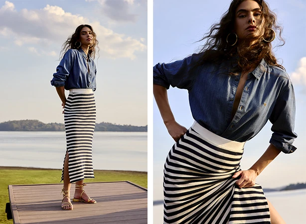 Estética navy com saia midi listrada e camisa jeans Estética navy com saia midi listrada e camisa jeans