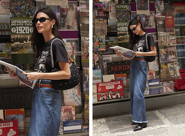 Look com saia longa jeans e camiseta 