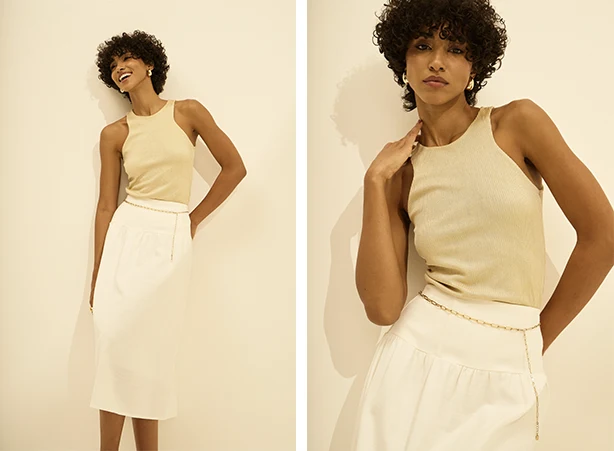 Look com saia branca midi e regata bege