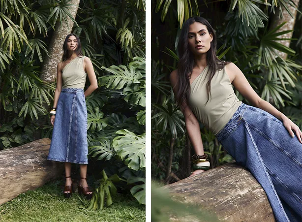Duo de blusa e saia com corte assimétrico 