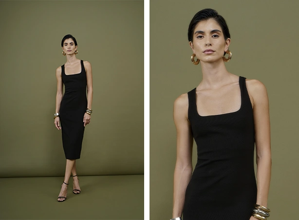 Look com vestido midi preto básico Look com vestido midi preto básico