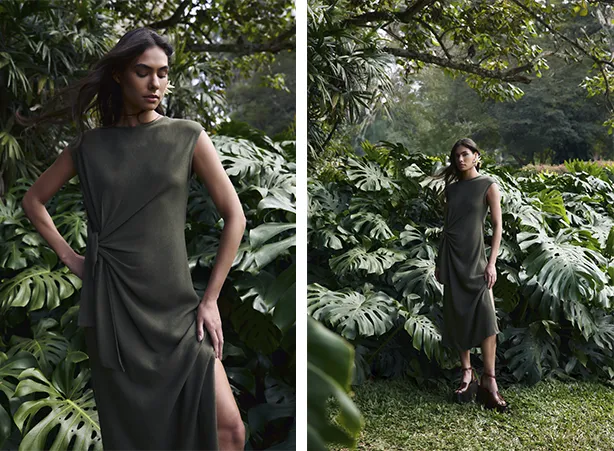 Look feminino midi com amarração na cintura Look feminino midi com amarração na cintura