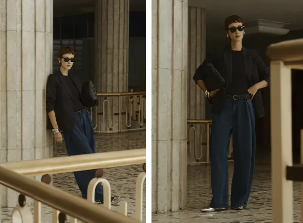 Look com calça pantalona e blazer preto