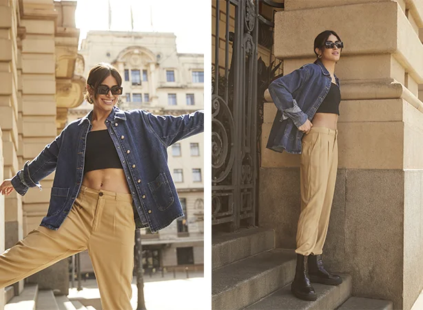 Inspiração despojada com calça de alfaiataria bege Inspiração despojada com calça de alfaiataria bege