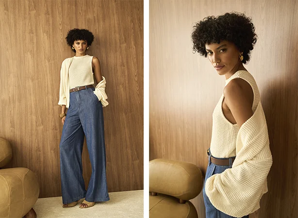 Looks com cardigã de mangas bufantes e calça pantalona jeans Looks com cardigã de mangas bufantes e calça pantalona jeans