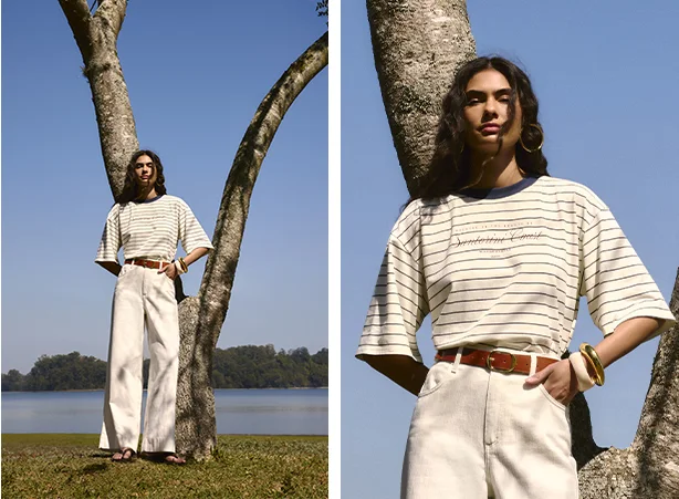 Produção com camiseta listradas e calça pantalona Produção com camiseta listradas e calça pantalona
