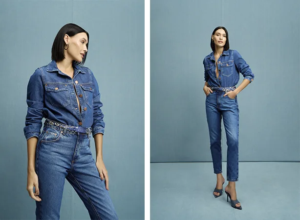 Looks all jeans com calça mom e camisa