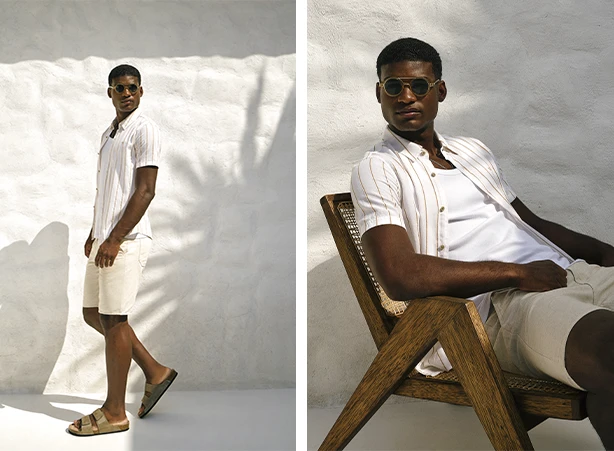 Looks com camisas masculinas estilosas e bermuda chino bege Looks com camisas masculinas estilosas e bermuda chino bege