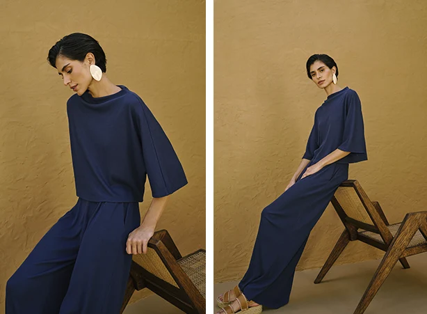 Conjunto de blusas femininas da moda com gola degagê e calça reta Conjunto de blusas femininas da moda com gola degagê e calça reta