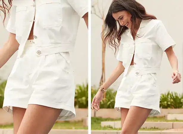 Look monocromático com jaqueta cropped de manga curta e short soltinho Look monocromático com jaqueta cropped de manga curta e short soltinho