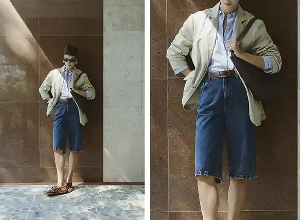 Look com bermuda jeans feminina no shape mais solto e alongado Look com bermuda jeans feminina no shape mais solto e alongado