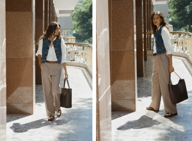 Look com calça alfaiataria xadrez e colete em dirty denim Look com calça alfaiataria xadrez e colete em dirty denim