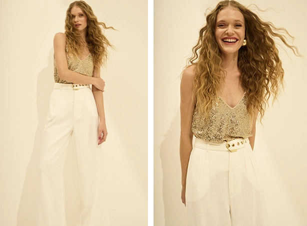 Look feminino com blusa de paetê e calça branca Look feminino com blusa de paetê e calça branca