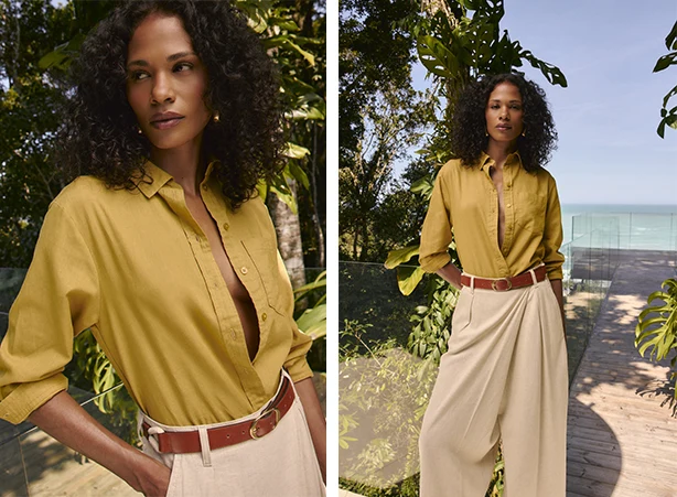 Look com camisa em modelagem clássica em verdes amarelados Look com camisa em modelagem clássica em verdes amarelados