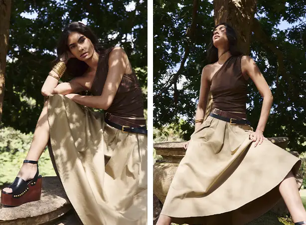 Looks com saia e blusa de ombro único Looks com saia e blusa de ombro único