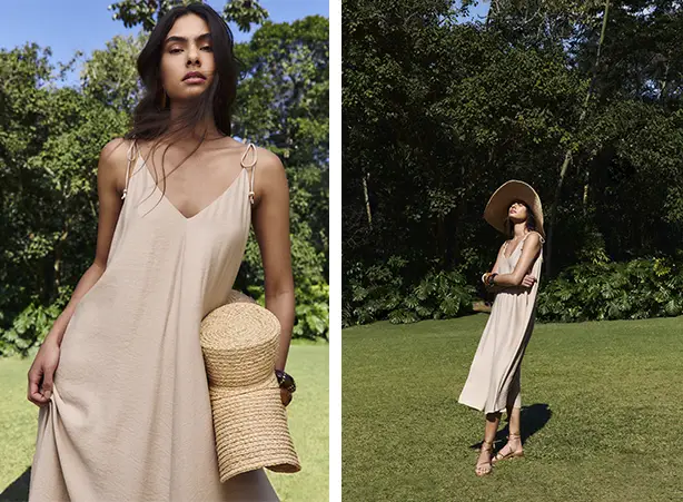 Looks com vestidos fluidos e chapéus de abas largas Looks com vestidos fluidos e chapéus de abas largas