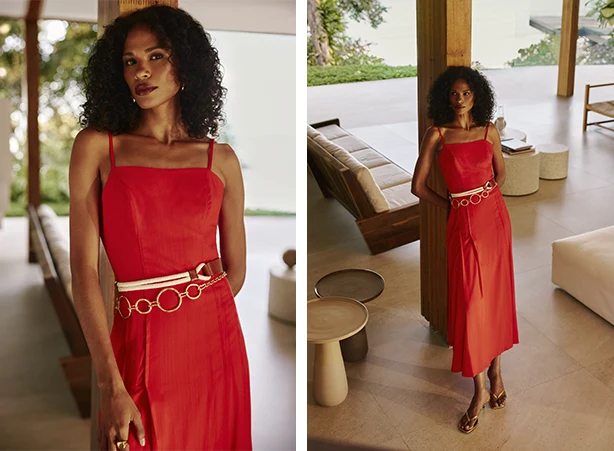 Cor da moda 2026: vestido midi em vermelho tomate Cor da moda 2026: vestido midi em vermelho tomate