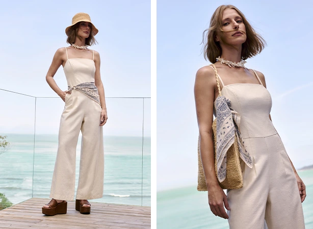 Tendências verão 2026: Look branco com macacão e lenço Tendências verão 2026: Look branco com macacão e lenço