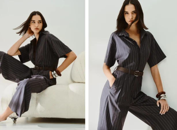 Look minimalista com macacão em risca de giz Look minimalista com macacão em risca de giz