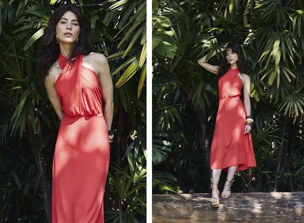 Looks coloridos com vestido vermelho midi Looks coloridos com vestido vermelho midi