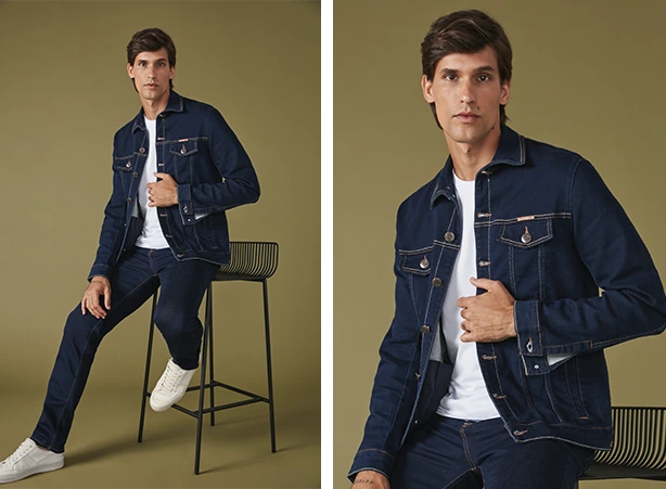 Look jeans masculino com jaqueta trucker e calça Look jeans masculino com jaqueta trucker e calça