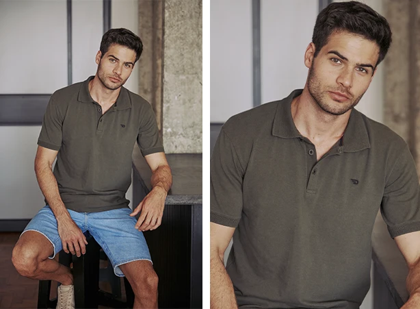 Combinação de polo em tom neutro e bermuda em denim claro Combinação de polo em tom neutro e bermuda em denim claro