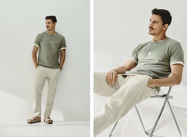 Look masculino estiloso com calça chino bege Look masculino estiloso com calça chino bege