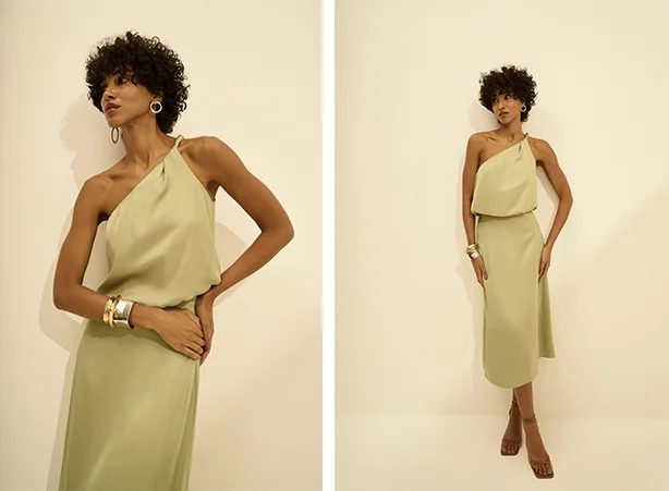 Conjunto acetinado com blusa de ombro único e saia midi