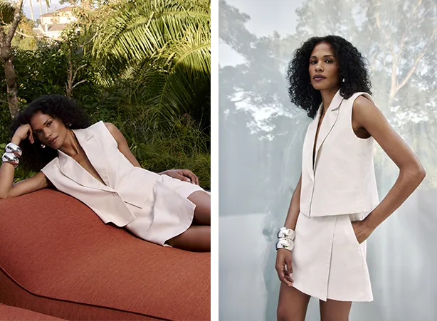 Conjunto de colete e short-saia em tom off-white Conjunto de colete e short-saia em tom off-white