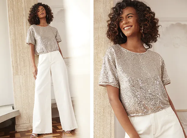 Looks com calça branca e blusa de paetê