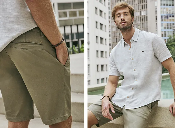 Look de verão masculino com camisa de manga curta e bermuda verde