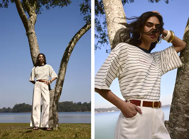 Look com calça pantalona branca e camiseta listrada 