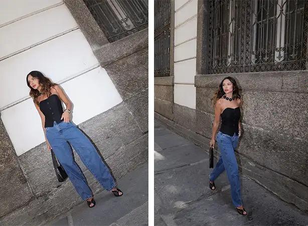 Looks femininos com modelagem barrel e blusa preta Looks femininos com modelagem barrel e blusa preta