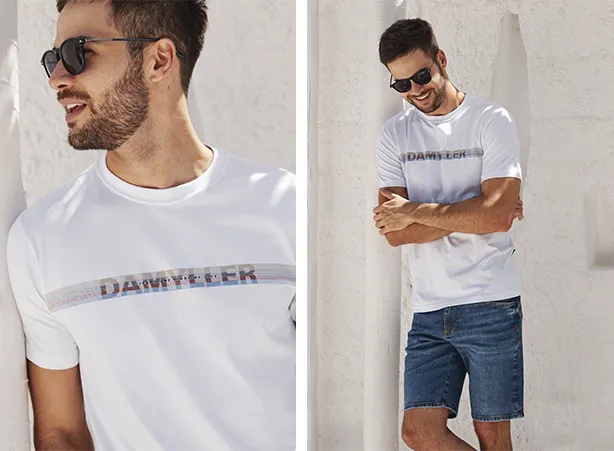 Look com camiseta de estampa lettering colorida e bermuda jeans masculina